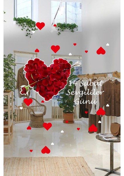 Gül Yaprakları ve Kalp, Sevgililer Günü Cam Vitrin Oda Stickerı 70 cm