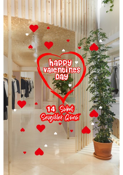 Happy Valentines Day 14 Şubat Sevgililer Günü Cam Vitrin Oda Stickerı 70 cm