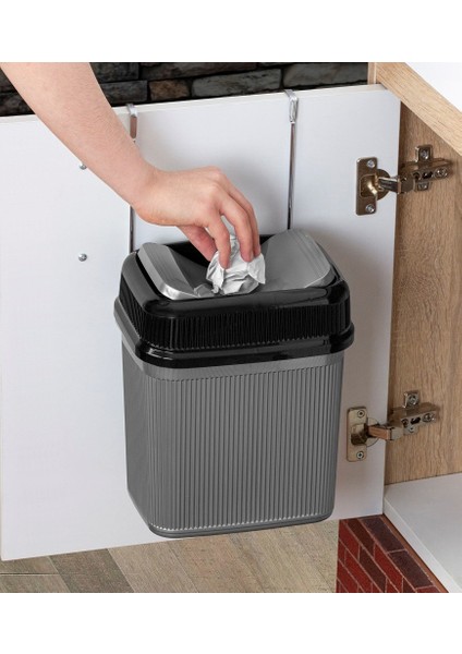 Askılı Asılabilir Tezgah Altı Pratik Kapak Çöp Kovası 5.5 Litre Gri