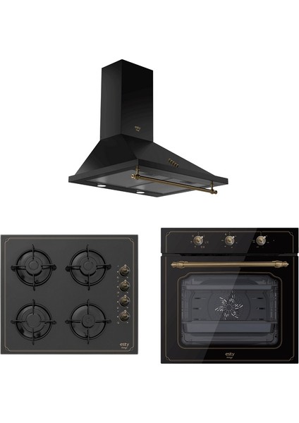 Siyah Rustik Ankastre Set - ARF6607B01 Fırın, ARO5620B01 Ocak, 2120B01 60 cm Davlumbaz