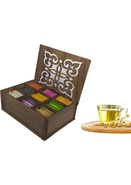 Ahşap Gediz Renk Çay Kutusu 9 Bölmeli Kapaklı Bitki Çayı Saklama Kabı ( Çaylar Dahil) Tea Box