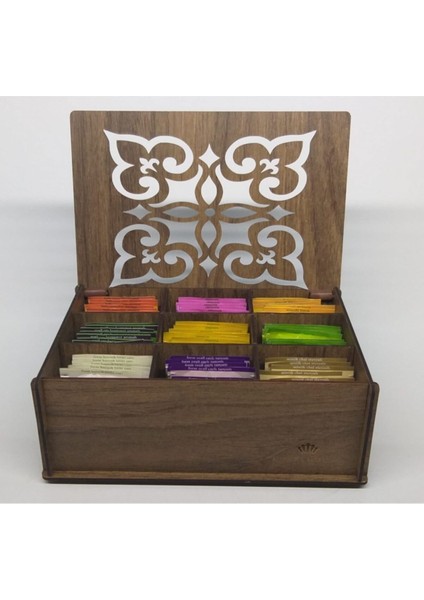 Ahşap Gediz Renk Çay Kutusu 9 Bölmeli Kapaklı Bitki Çayı Saklama Kabı ( Çaylar Dahil) Tea Box