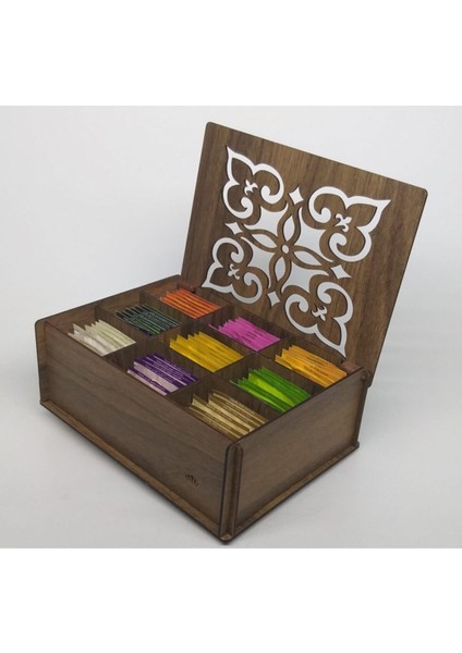 Ahşap Gediz Renk Çay Kutusu 9 Bölmeli Kapaklı Bitki Çayı Saklama Kabı ( Çaylar Dahil) Tea Box