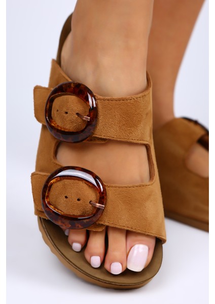 Drina Deri Çift Tokalı Taba Terlik