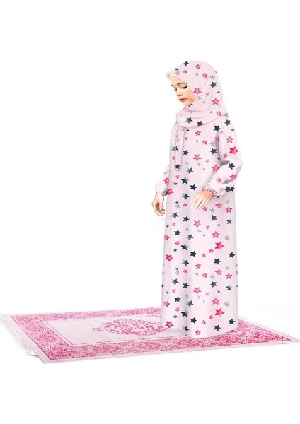 Pembe Renkli Yıldız Desenli Seccadeli  Kız Çocuk Namaz Elbisesi 876