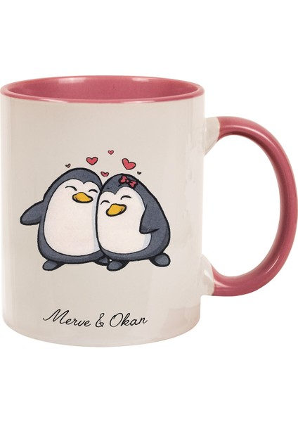 Isme Özel sevimli Penguenler Temalı kupa Bardak - Pembe Kulplu