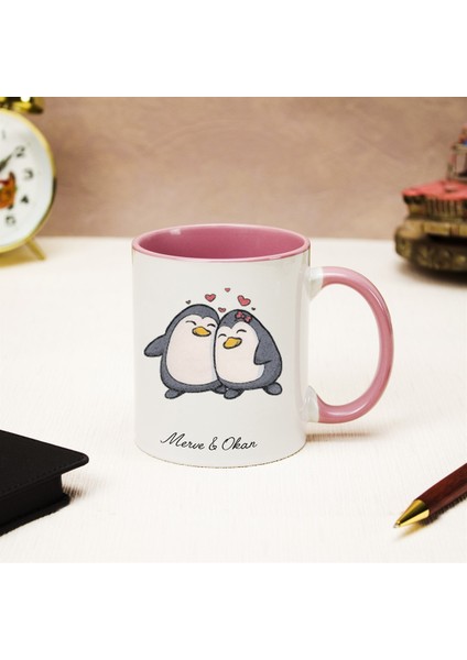 Isme Özel sevimli Penguenler Temalı kupa Bardak - Pembe Kulplu fiyatları
