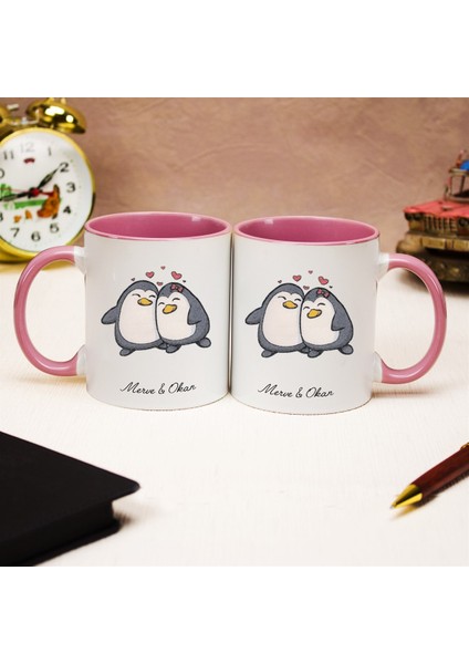 Isme Özel sevimli Penguenler Temalı kupa Bardak - Pembe Kulplu modelleri
