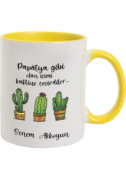 Isme Özel kaktüs Temalı kupa Bardak - Sarı Kulplu