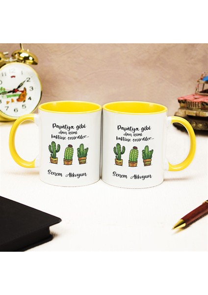 Isme Özel kaktüs Temalı kupa Bardak - Sarı Kulplu modelleri