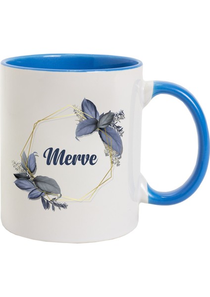 Isme Özel Mavi Kuplu Kupa Bardak - Mavi Çerçeveli Çiçek