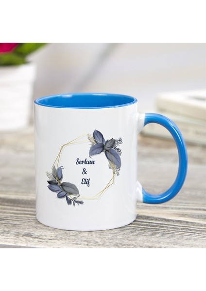 Isme Özel Mavi Kuplu Kupa Bardak - Mavi Çerçeveli Çiçek fiyatları