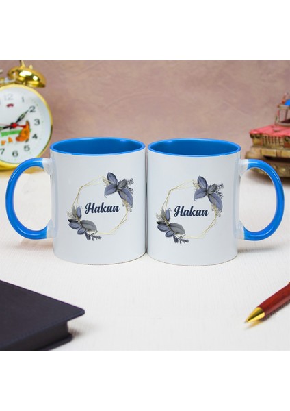 Isme Özel Mavi Kuplu Kupa Bardak - Mavi Çerçeveli Çiçek modelleri