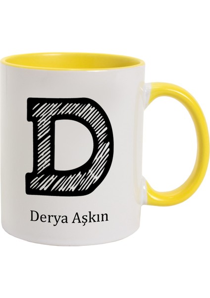 Isme Özel Kara Kalem Harf Tasarımlı Kupa Bardak - Sarı Kulplu