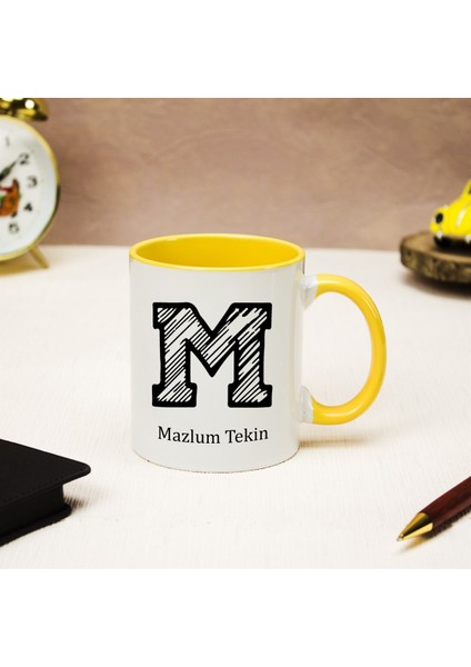 Isme Özel Kara Kalem Harf Tasarımlı Kupa Bardak - Sarı Kulplu fiyatları