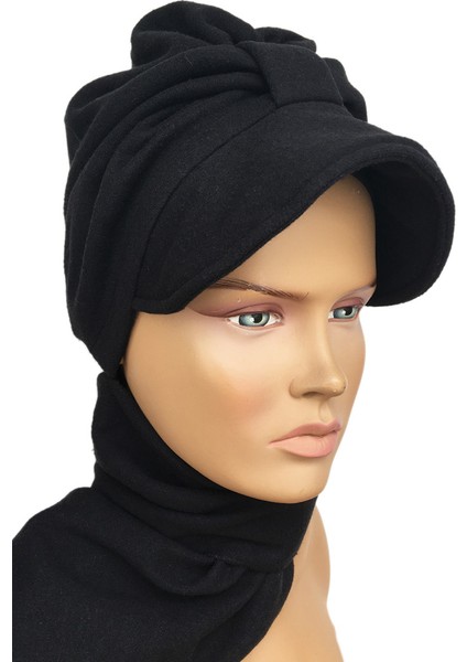 Bone Hazır Türban Alya Boyunluklu Bone Siyah Triko Kumaş