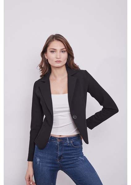 Yakalı Flato Cepli Uzun Kol Pamuklu Kumaş Kısa Blazer Ofis Ceket-Siyah