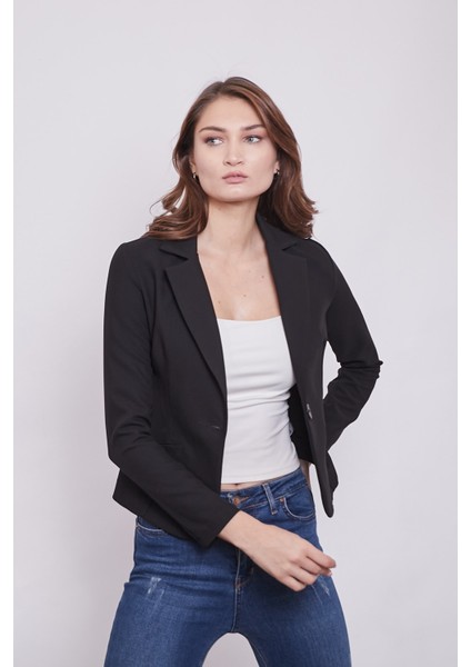 Yakalı Flato Cepli Uzun Kol Pamuklu Kumaş Kısa Blazer Ofis Ceket-Siyah