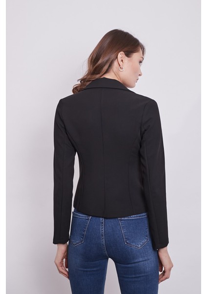 Yakalı Flato Cepli Uzun Kol Pamuklu Kumaş Kısa Blazer Ofis Ceket-Siyah