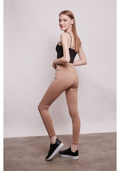 Yüksek Bel Kalın Kemerli Kalın Çelik Kumaş Tayt-Camel