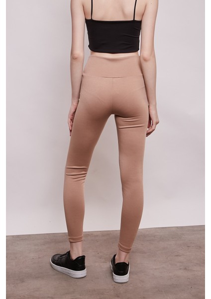 Yüksek Bel Kalın Kemerli Kalın Çelik Kumaş Tayt-Camel fırsatları