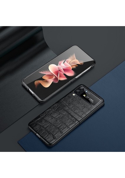 Samsung Galaxy Z Flip3 5g Için Timsah Derisi Doku Hakiki Deri Kaplama Pc Telefon Kılıfı (Yurt Dışından)