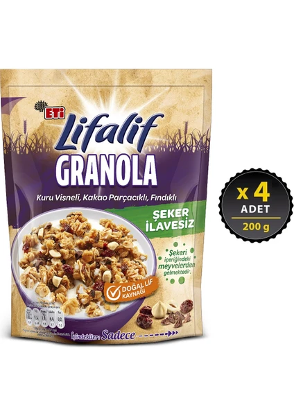 Lifalif Granola Kuru Vişneli, Kakao Parçacıklı, Fındıklı 200 g x 4 Adet