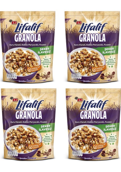 Lifalif Granola Kuru Vişneli, Kakao Parçacıklı, Fındıklı 200 g x 4 Adet