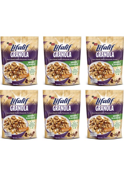 Lifalif Granola Kuru Vişneli, Kakao Parçacıklı, Fındıklı 200 g x 6 Adet