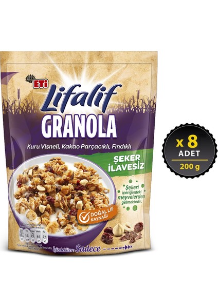 Lifalif Granola Kuru Vişneli, Kakao Parçacıklı, Fındıklı 200 g x 8 Adet