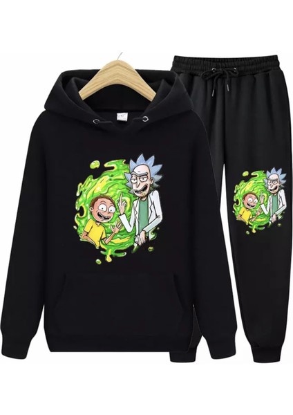 Büyük Beden Kapüşonlu Rıck And Morty Göğüs Baskılı Oversize Yeni Stil Dış Mekan Erkek Eşofman Takımı