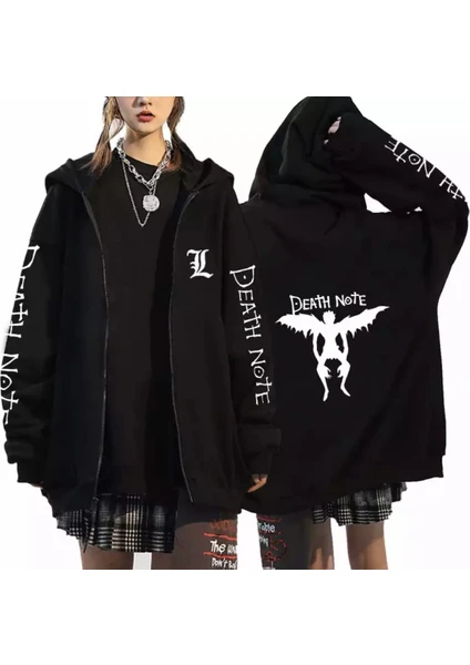 Amor Woman Kapüşonlu Tam Fermuarlı Death Note Baskılı Oversize Tam Kışlık Kadın Cekt-Sweatshirt