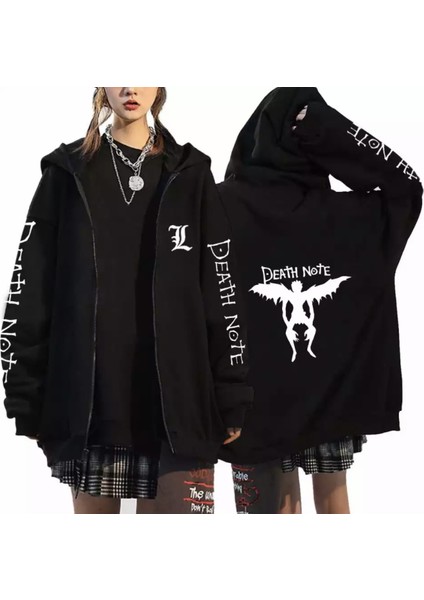 Kapüşonlu Tam Fermuarlı Death Note Baskılı Oversize Tam Kışlık Kadın Cekt-Sweatshirt