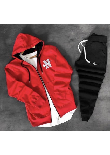 Büyük Beden Kapüşonlu Tam Fermuarlı Göğüs Baskılı Oversize Yeni Trend Erkek Eşofman Takımı