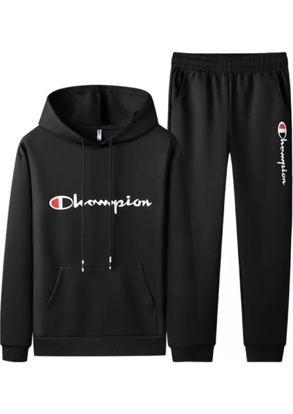 Kapüşonlu Champıon Göğüs Bacak Baskılı Oversize Yeni Trend Dış Mekan Erkek Eşofman Takımı