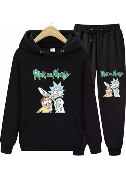 Büyük Beden Kapüşonlu Rıck And Morty Göğüs Baskılı Oversize Yeni Stil Erkek Eşofman Takımı
