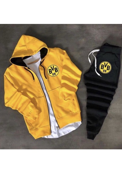 Büyük Beden Kapüşonlu Tam Fermuarlı Göğüs Baskılı Oversize Dış Mekan Erkek Eşofman Takımı