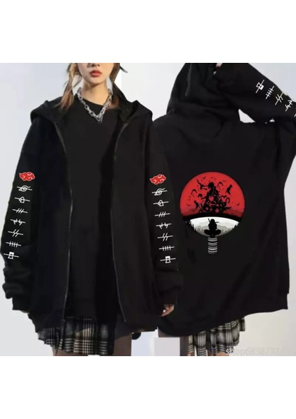 Kapüşonlu Tam Fermuarlı Japon Sırt Baskılı Oversize Tam Kışlık Yeni Stil Kadın Ceket-Sweatshirt