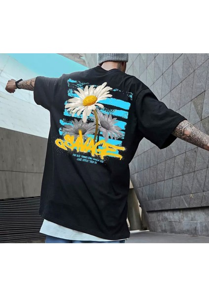 Yeni Stil Papatya Sırt Baskılı %100 Pamuk Oversize Yuvarlak Yaka Erkek T-Shirt