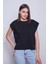 Kadın Geniş Sıfır Yaka Kısa Kol Pamuk Kumaş Oversize Tshirt-Siyah 1