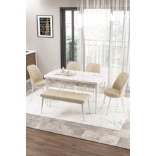 Canisa Concept Zen Serisi Bench'li 80 x 132 cm Açılabilir Mdf Mutfak Masası Takımı Beyaz Mermer Desen