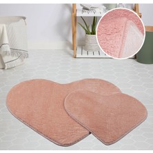My Evilla Modern Dekoratif Halı Jel Kaymaz Taban Peluş Puffy Kalp Model Pembe Paspas Takımı 70X100-70X60