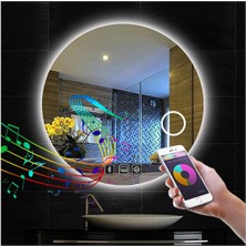 90 cm Bluetoothlu Makyaj Aynalı Buğu Yapmayan Ledli Yuvarlak Banyo Aynası