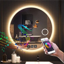 90 cm Bluetoothlu Makyaj Aynalı Buğu Yapmayan Ledli Yuvarlak Banyo Aynası
