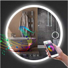 90 cm Bluetoothlu Makyaj Aynalı Buğu Yapmayan Ledli Yuvarlak Banyo Aynası