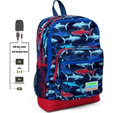 Coral High Kids Dört Bölmeli Mavi Yunus Desenli Ilkokul Çantası USB Şarjlı Kulaklık Çıkışlı 23818