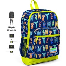 Coral High Kids Dört Bölmeli Lacivert Fosil Sarı Ilkokul Çantası USB Şarjlı Kulaklık Çıkışlı 23826