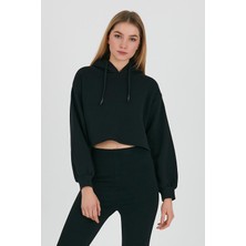 Polo State Kadın 3 Iplik Kapüşonlu Crop Sweatshirt Siyah