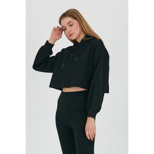 Polo State Kadın 3 Iplik Kapüşonlu Crop Sweatshirt Siyah