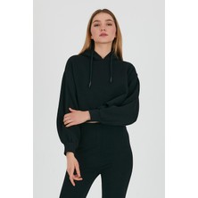 Polo State Kadın 3 Iplik Kapüşonlu Crop Sweatshirt Siyah